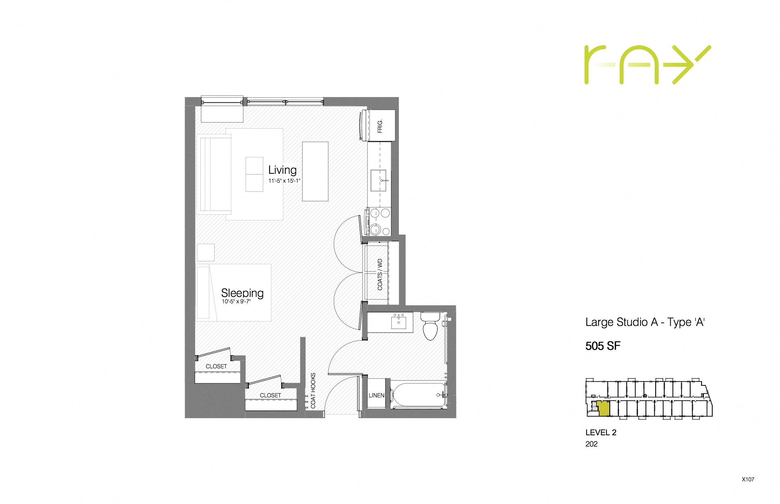 Floor plan for studio, 1 bath, 505 sqft